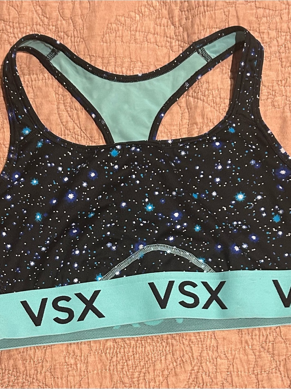 VSX Black Galaxy Racerback Sports Bra with Teal Band